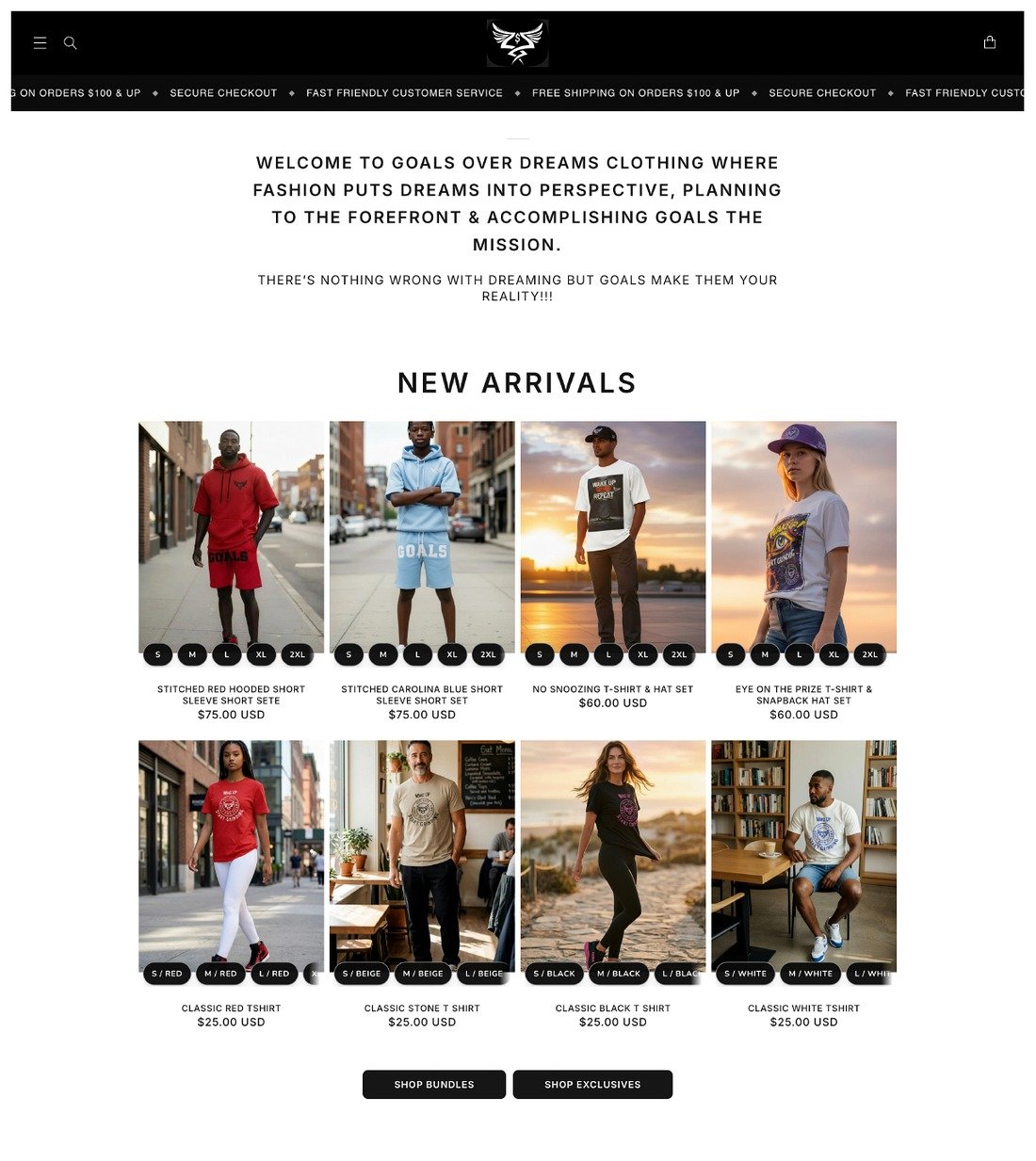 Goals Over Dreams storefront before the TaskElevate redesign